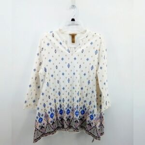 Anthropologie Bit & Bridle Boho Gauze Shirt M White Blue Brown Black